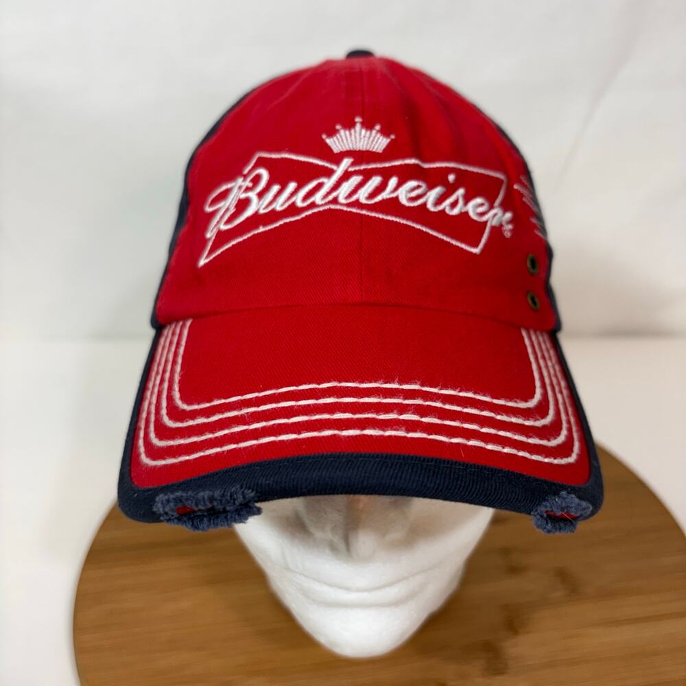 Retro Budweiser Hat Thick Stitch Red Blue Strap Baseball Cap Logo Red Blue